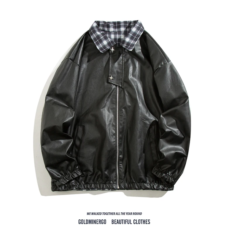 

Double-Sided Wear Leather Jaet Men's Women's Loose Motorcycle Sle Vintage Hip Hop Tartan Patterned Faion Outerwear