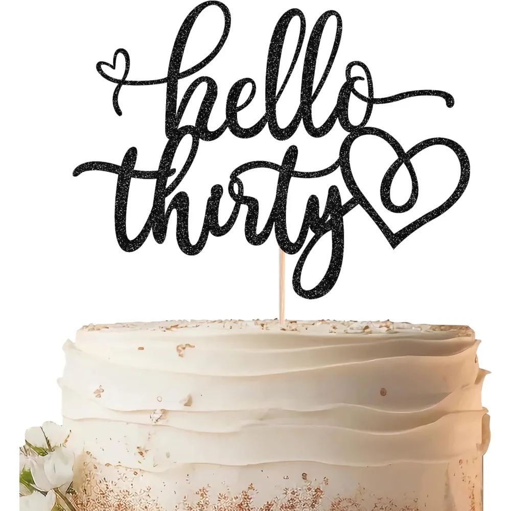 Hello Thirty Cake Topper, Schwarz glitzernde Kuchendekoration für den 30. Geburtstag für Frauen