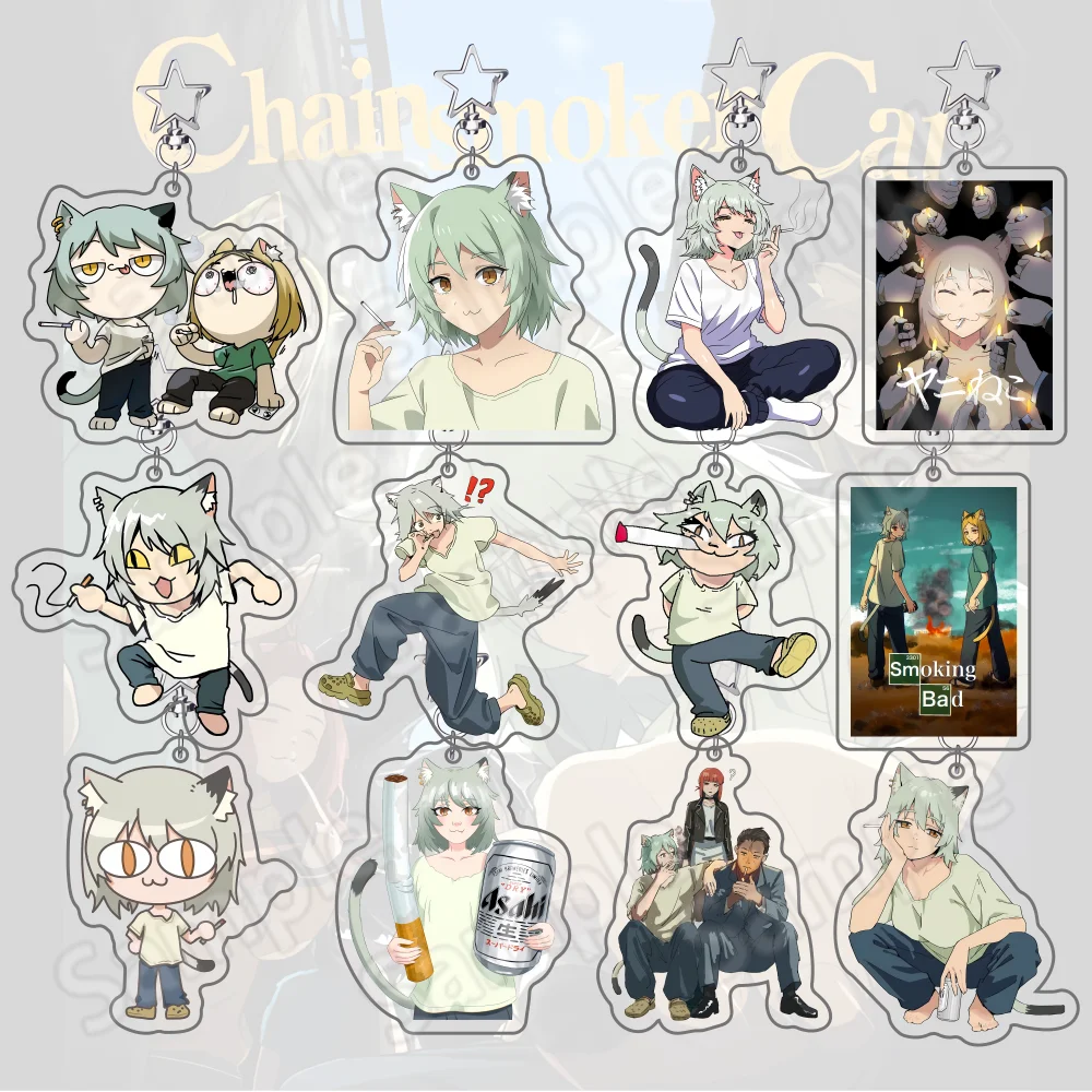Anime Chainsmoker Cat Yani Neko Manga New 6cm Acrylic Standee keychain Funny Cat Girl Character Desktop Ornament Collection
