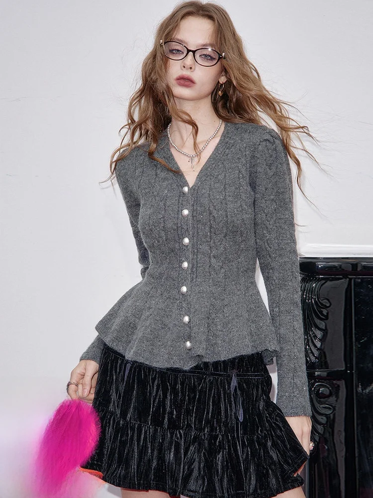 

Ele Women's Knitted Flaing Open Cardigan Sweater Slimming Waist Design Winter Faion Vintage Sle Long Sve V-Ne