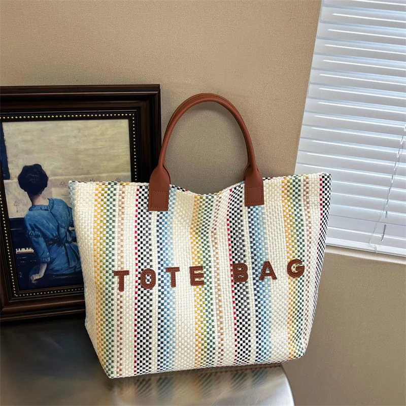 New Korean Style Knitted Tote Bag Women Large Capacity Fashion Striped Handbag Commute Shopping Bag Letter Design