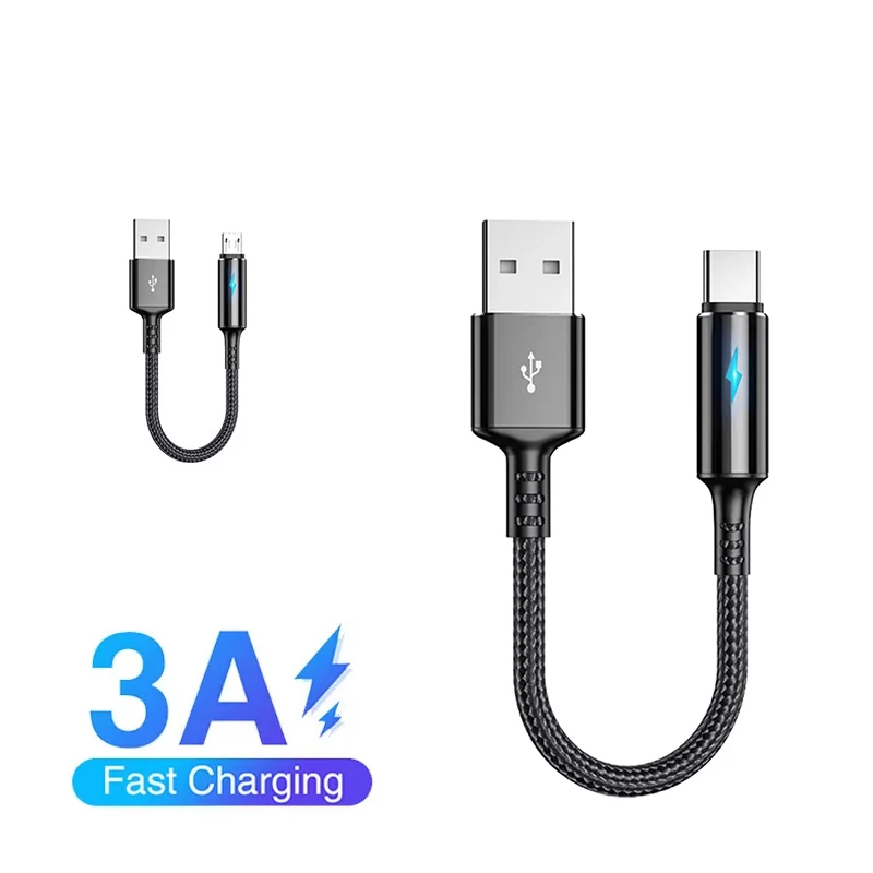 25cm Short Cable USB Type C Cable USB A To Micro USB 3A Fast Charging Cables For Ios Android Mobile Phone Data Charger Wire Cord