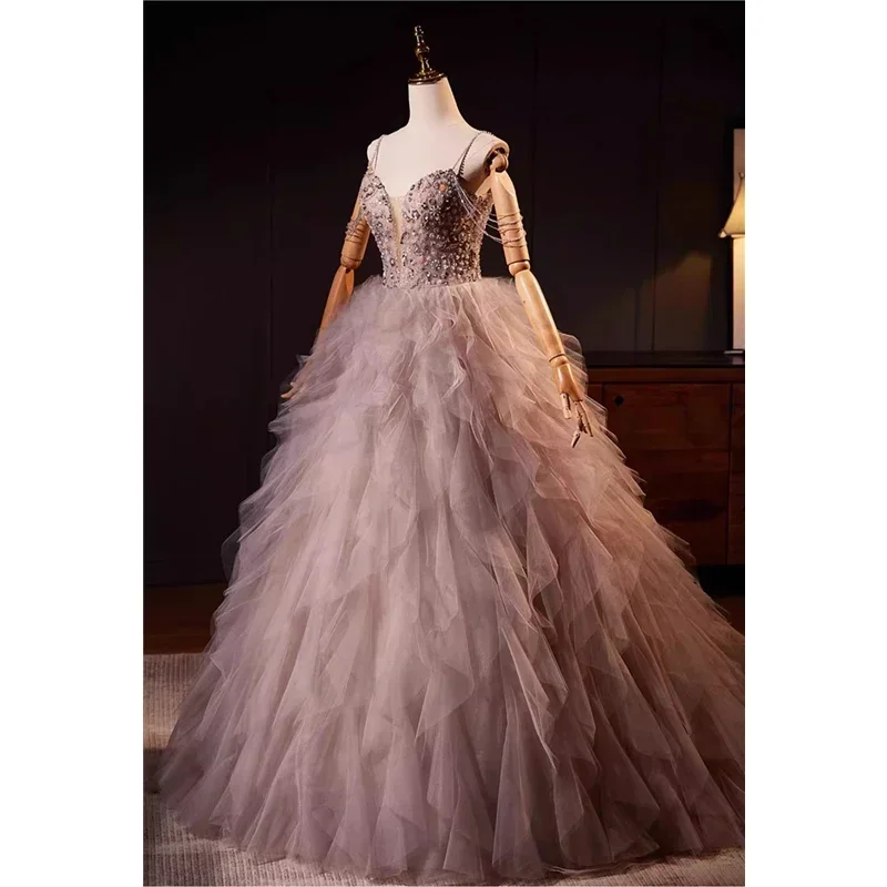 Customized Evening Dress Pink Tulle Beads Sgaphetti Straps Lace up Ruffles A-line Floor-length Trail Plus size Party Formal Gown