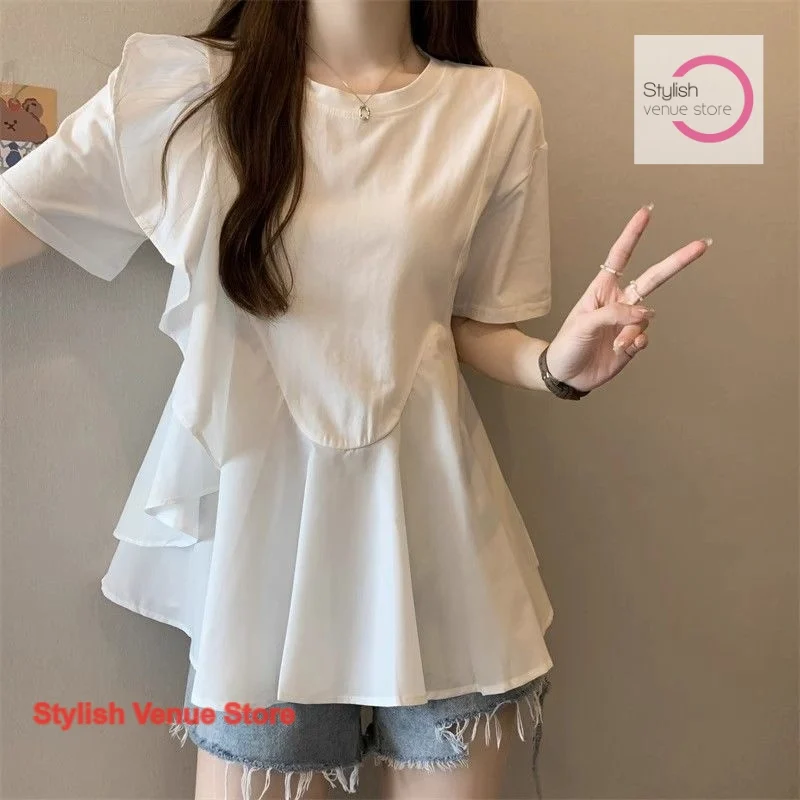 

French chic temperament irregular ruffled chiffon shirt women's summer plus size loose fashion casual short-sleeved shirt
