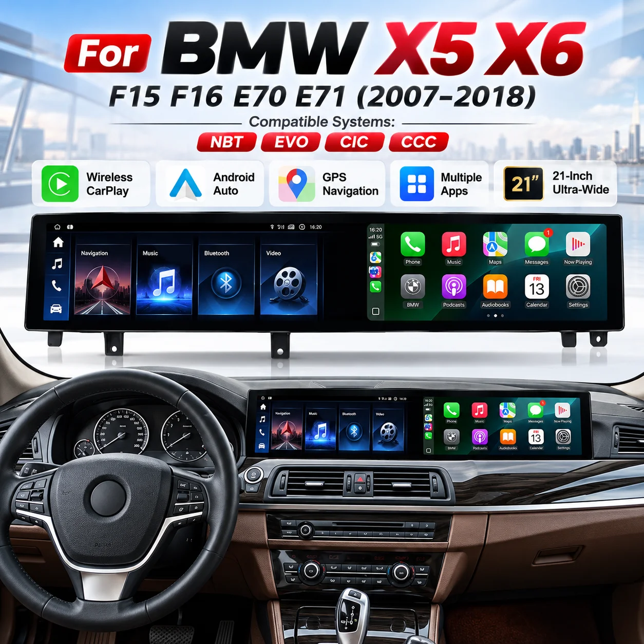 21 Inch Curved Dual Screen Android 15 Radio For BMW X5 X6 5 Series E70 E71 F15 F16 2007-2018 Wireless CarPlay GPS Navigation