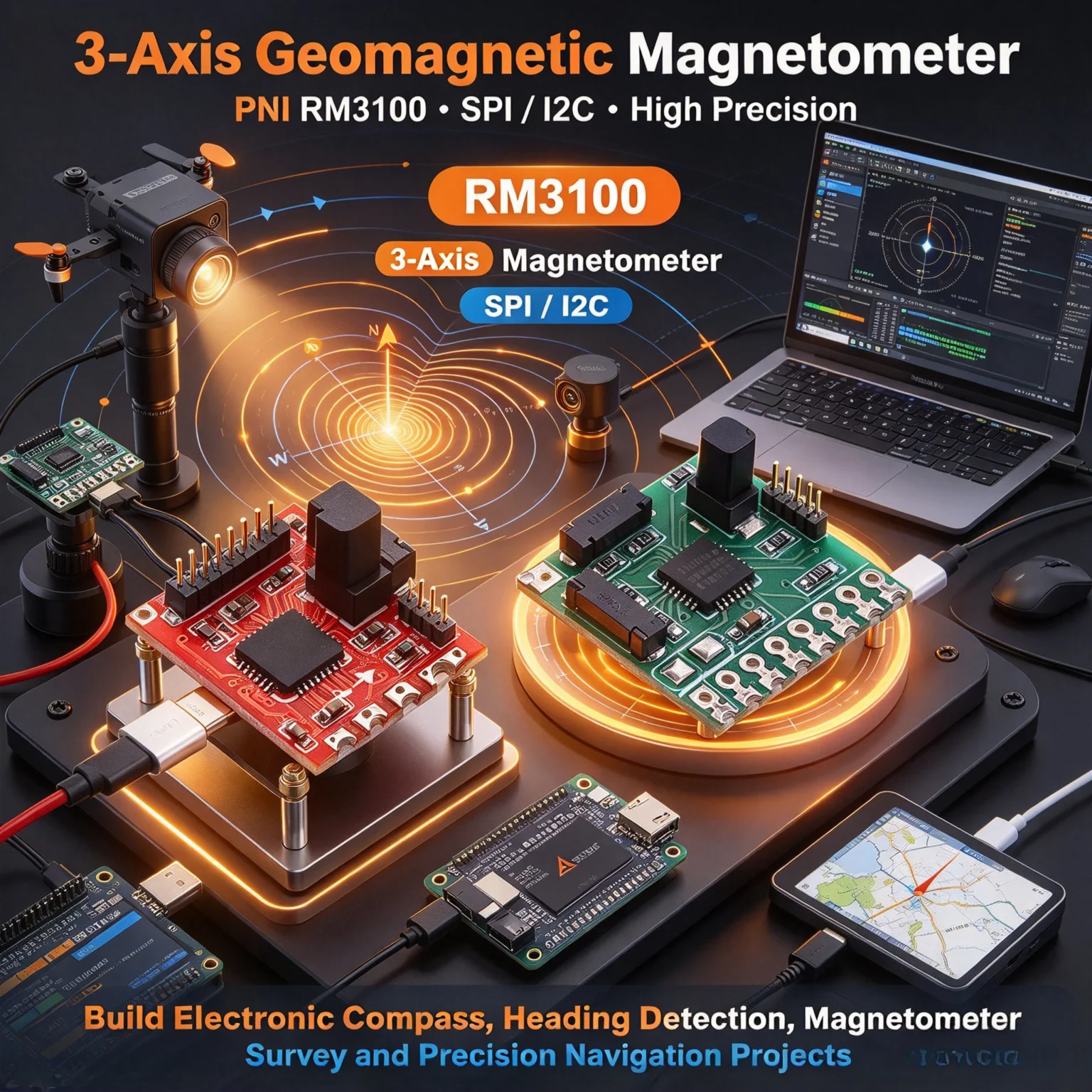 PNI RM3100 Geomagnetic Sensor Module, 3-Axis Magnetometer, SPI/I2C High Precision 13156/13104/13101
