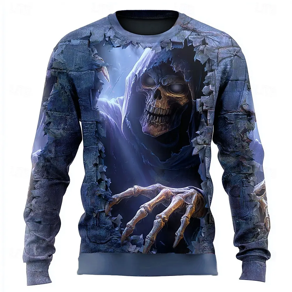 Men Halloween 3D Print Sweatshirt Grim Reaper Skeleton Break Wall Horror Graphic Crew Neck Pullover