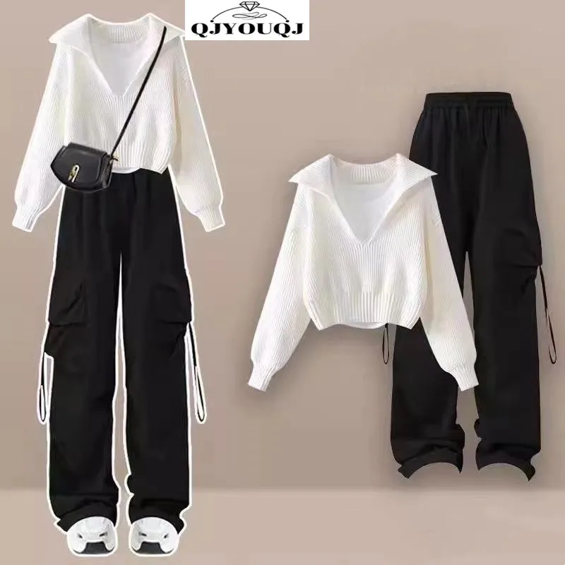 Conjunto feminino coreano de três peças estilo universitário, suéter de malha, colete, calças largas para trabalho, casual, outono