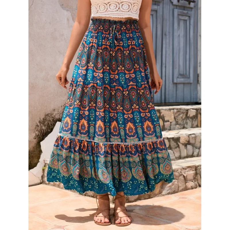 

Women's Casual Temperament Skirt Women's Fashionable Bohemian Printed Elastic Waist Temperament Skirt Big Sway Temperament Skirt