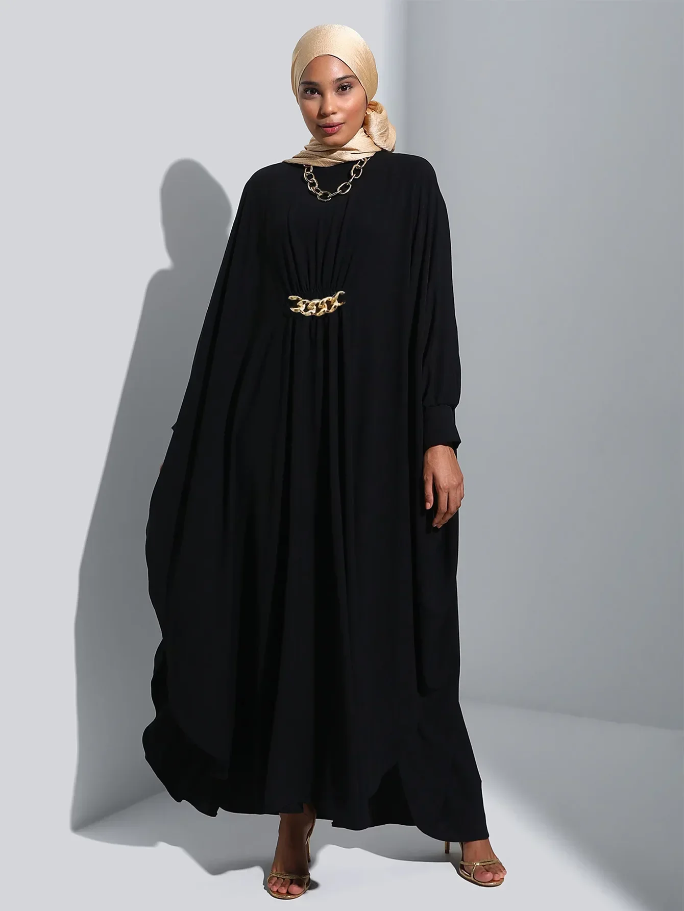 Gold Chain Dress for Women Fashion Muslim Abaya Casual Batwing Sleeve Loose Long Dress Solid Party Holiday Slamic Clothing Robe