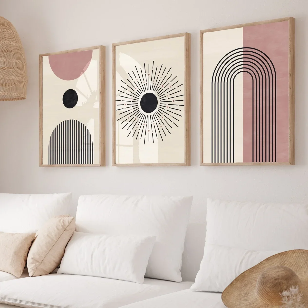 Multiple sizes 3pcs frameless Canvas Painting,3PCS  Pink Mid Century Poster Boho Abstract Art Gallery Wall Art Blush Modern Prin