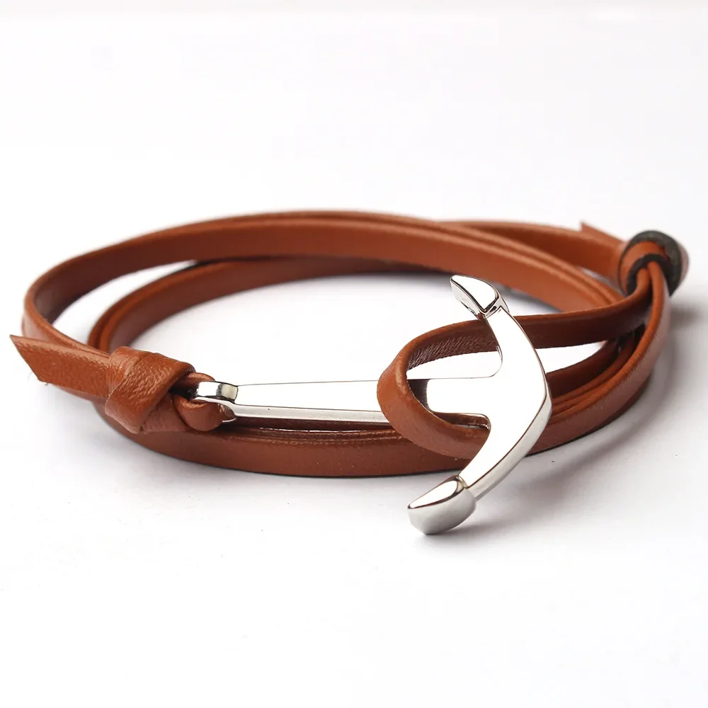 Minimalist Black Brown Multilayer Wrapped Leather Bracelet Fashion Marine Series Black Silver Fishhook Anchor Bracelet for Men