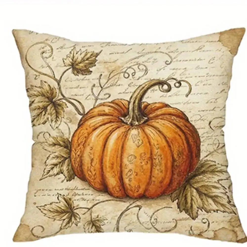 Vintage Old Manuscript Autumn Pumpkin Throw Pillow Covers Set of 4, Farmhouse Fall Thanksgiving Decor Cushion Cover for Sofa Bed