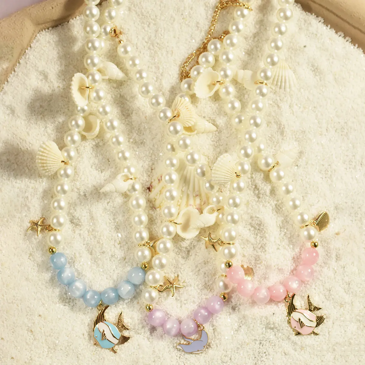 Bohemia Beach Party Faux-Pearl Glass Bead Necklaces Popular Conch Pendants Accessorized With Clavicle Chains