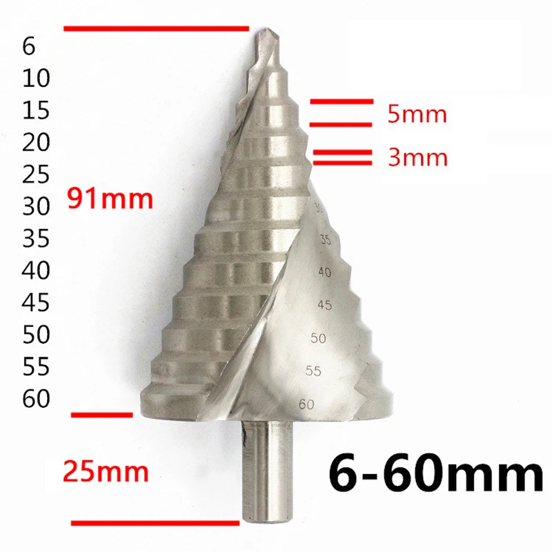 나선형 그루브 목재 금속 홀 커터, HSS 라운드 생크 스텝 콘 드릴 비트, 고속 강철 금속 드릴링, 6-60mm, 4-32mm, 1 개