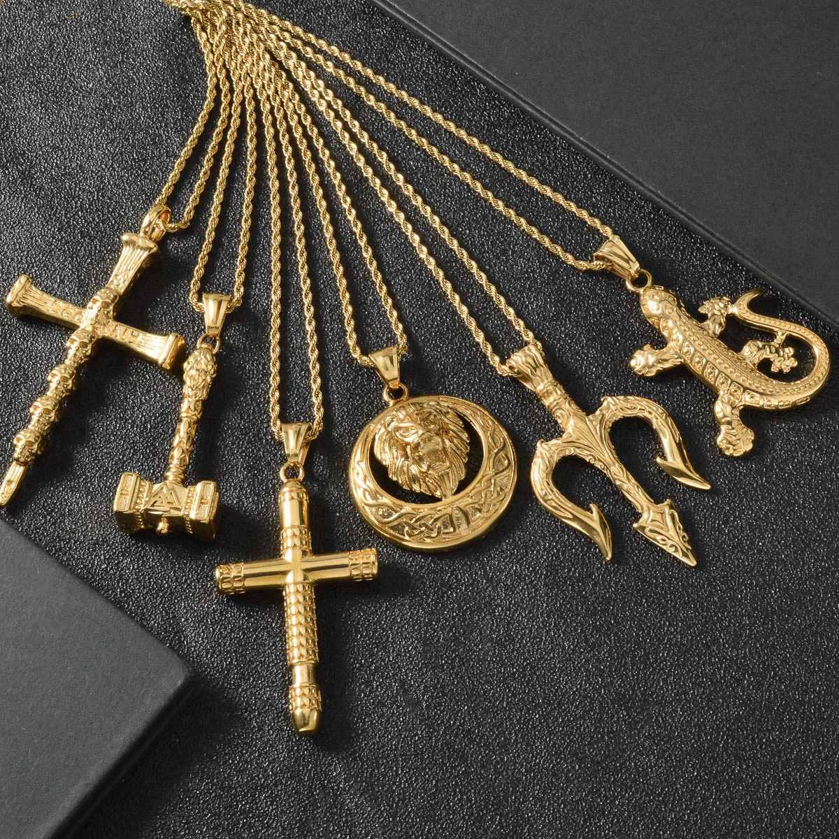 Men Gold Plated Pendant Necklace Vintage Twist Rope Chain Hip Hop Punk Religious Cross Trident Lion Hammer Lizard Charm Necklace