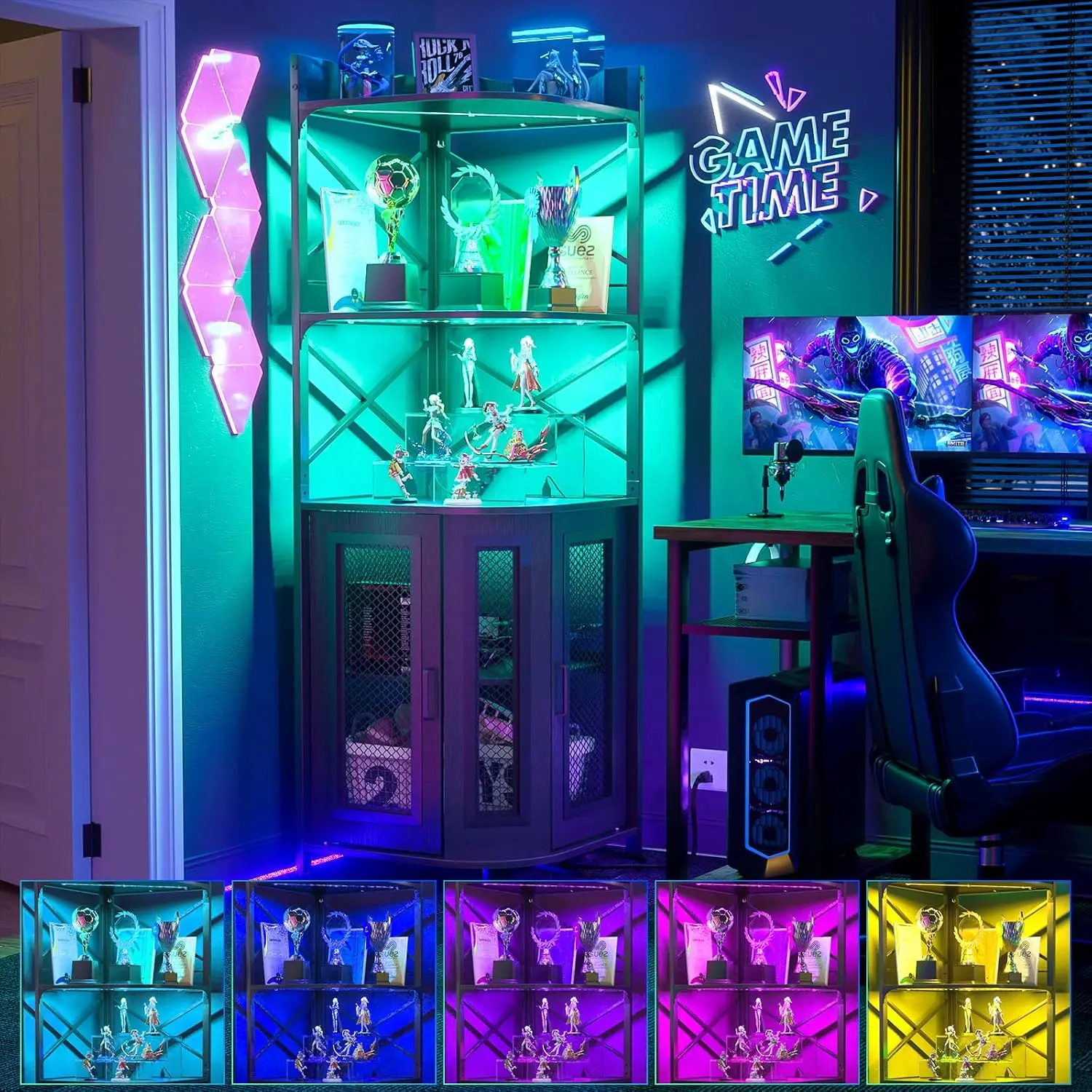 Aheaplus Corner Bar Cabinet with Power Outlet & LED Lights, 5-Tier Industrial Wine Cabinet Mini Bar Unit with Glass Holder, Corner Display Storage Cabinet for Small Space, Living Room, Kitchen image 3