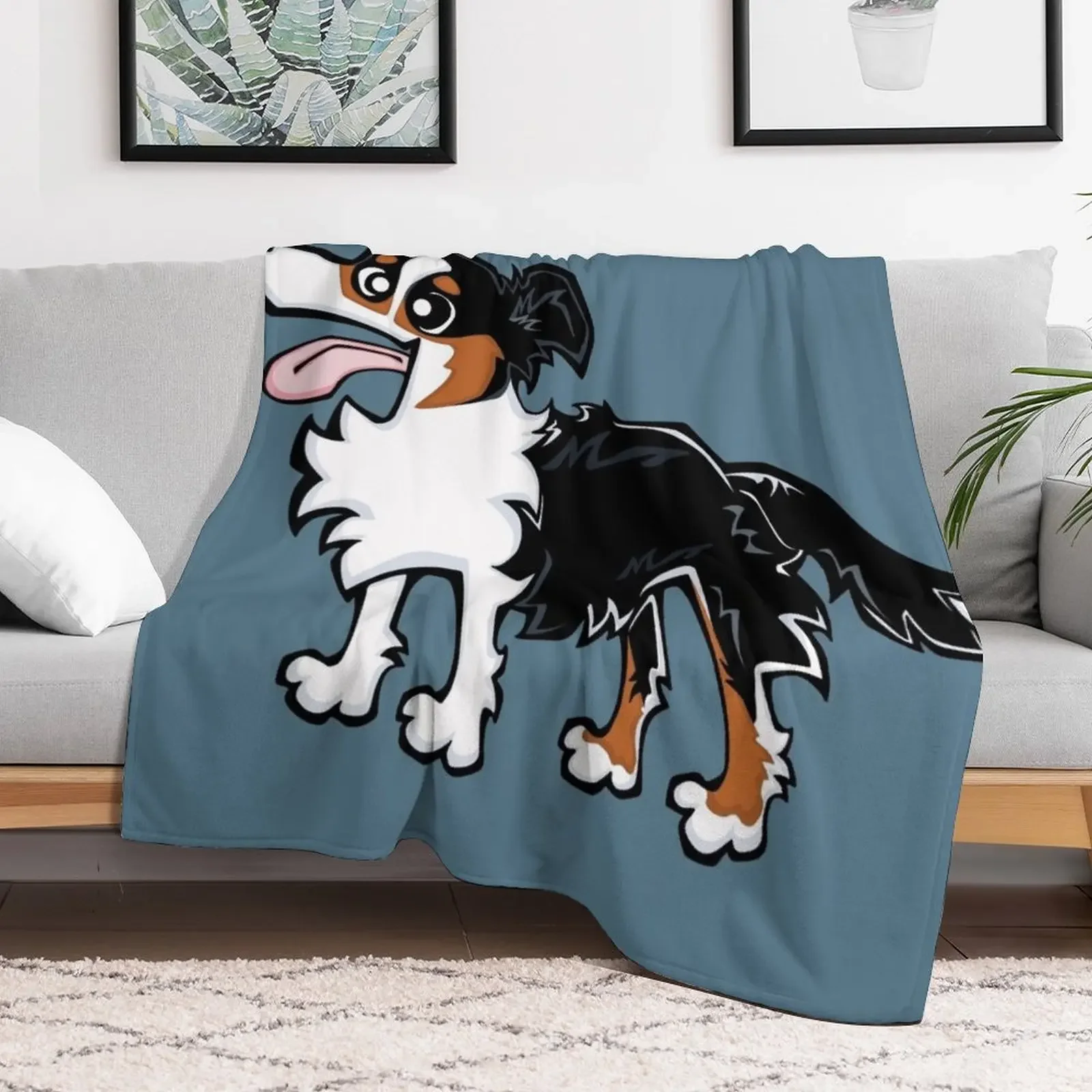 Border Collie - Tricolour (Full Body) BLUE BG Throw Blanket Plaid on the sofa Soft Plaid Fashion Sofas Blankets