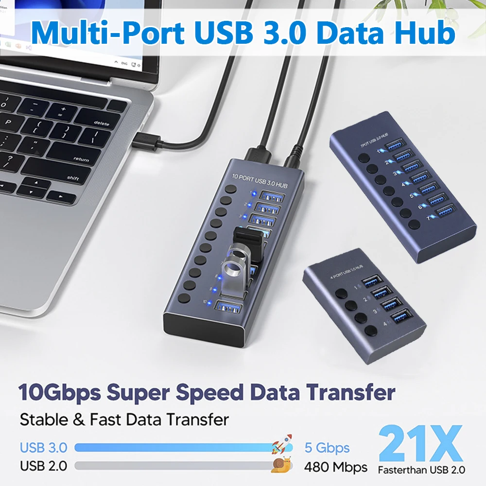 

High-Speed 10-Port USB 3.0 Splitter Hub with Power Supply for Multiple Devices - Plug & Play