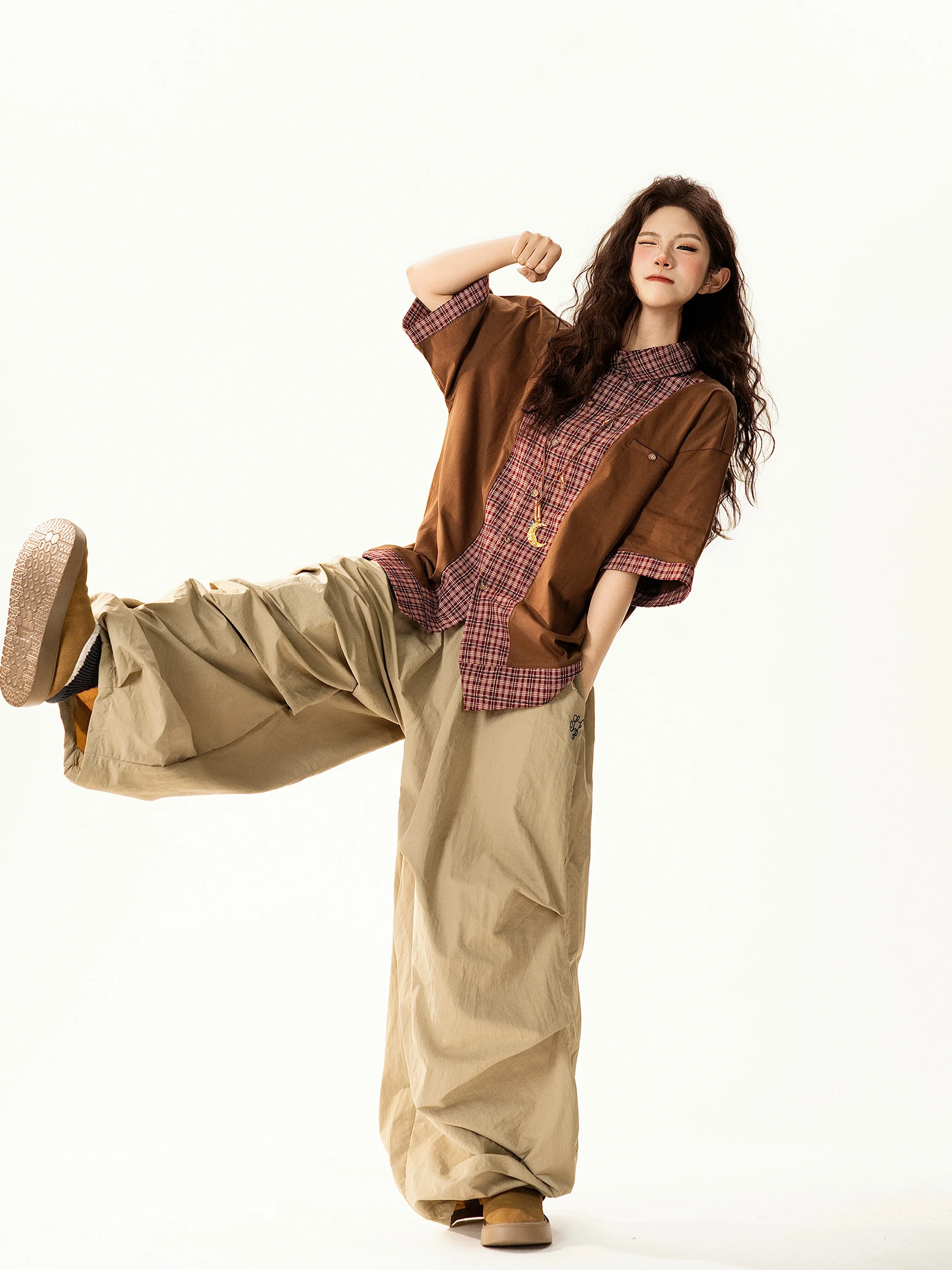 

Ретро-рубашка в клетку с комбинированными вставками, свободного кроя, повседневная, женская, летняя, в уличном стиле, универсальная, свободного кроя, для повседневной носки