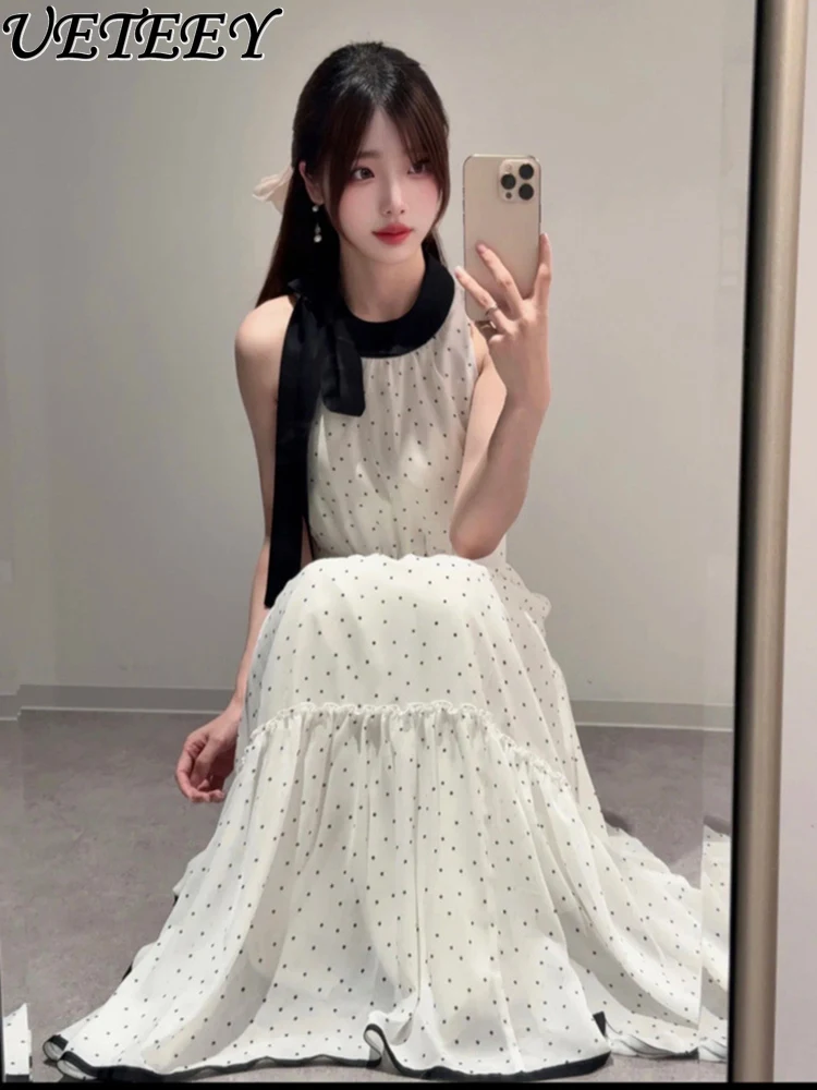 Lente en zomer nieuwe zoete stijl halter hals ronde hals hoge taille afslankjurk mode stip vlinderdas lange jurken