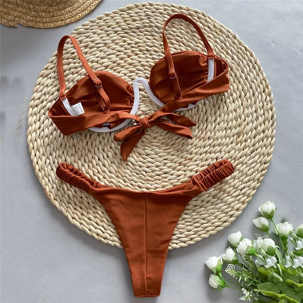 Sexy Brown Micro Push Up Bikinis Set for Women Mini Thong Swimsuits Underwired Swimwear Brazilian Bathing Suit Bikini Mujer 2025
