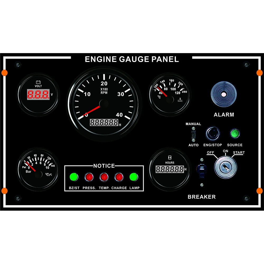 

ELING 5 Gauge Set Panel with 3K 4KRPM Tachometer Oil Temp. Water Temp. Oil Pressure Voltmeter Hourmeter 350*200 mm 12V or 24V