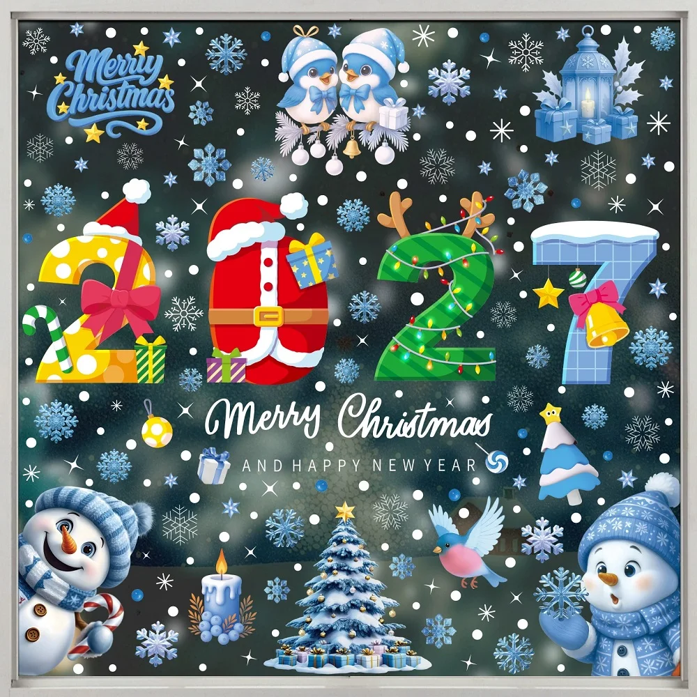 2027 Merry Christmas Decoration Window Stickers Snowman Reindeer Santa Claus Christmas Tree Static Cling Decals for Home Office