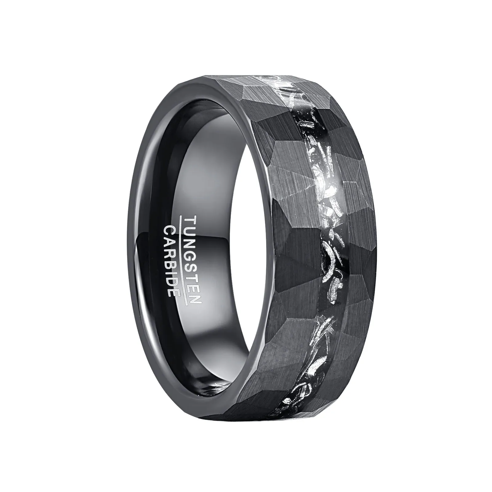 Nuncad 8mm Brushed Matte Black Hammered Meteorite Tungsten Carbide Ring for Man Jewelry