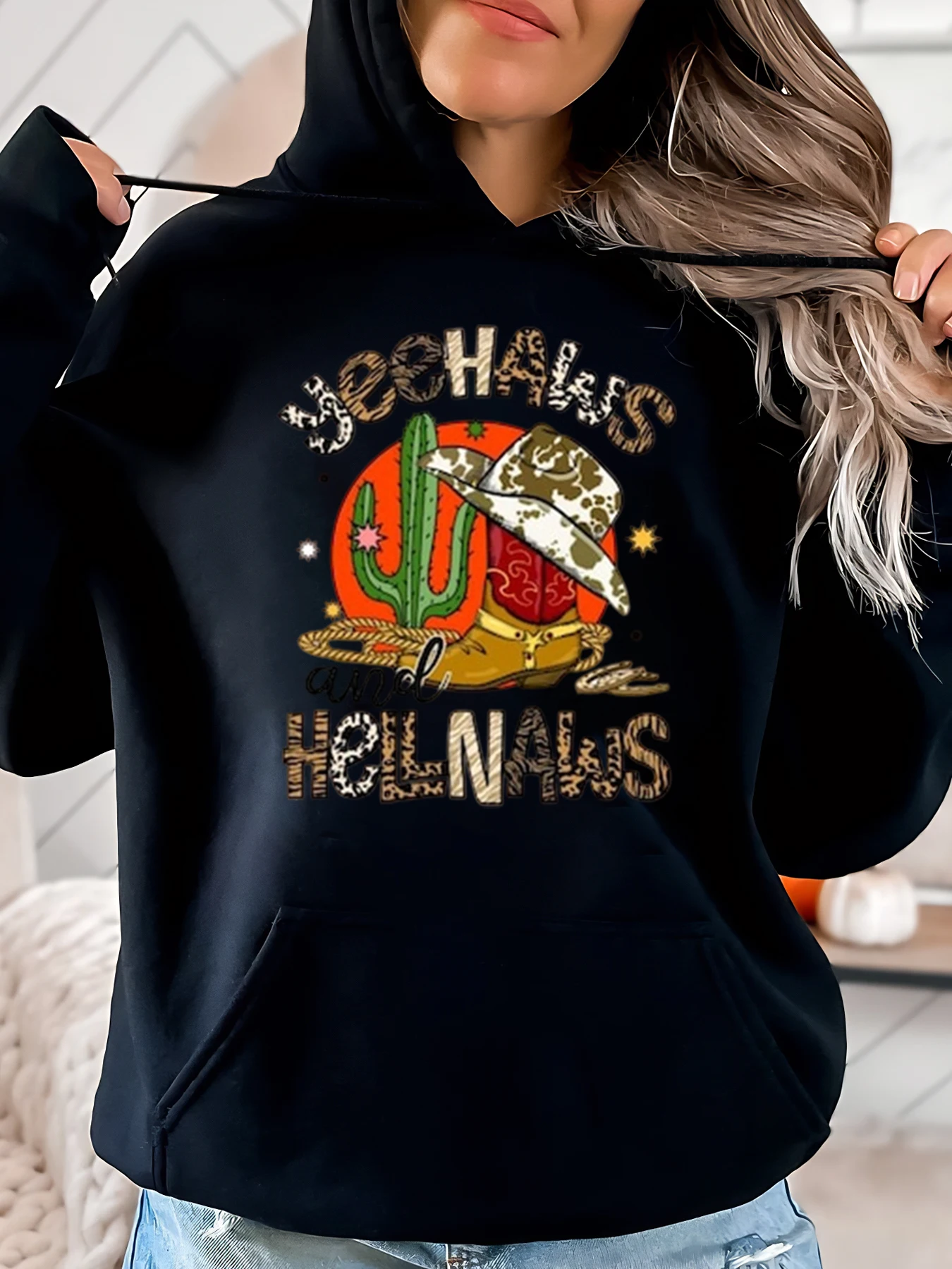 

Ковбойская шляпа и сапоги с принтом кактуса, толстовка с капюшоном на Хэллоуин, женская повседневная осенне-зимняя одежда, черный размер больших размеров