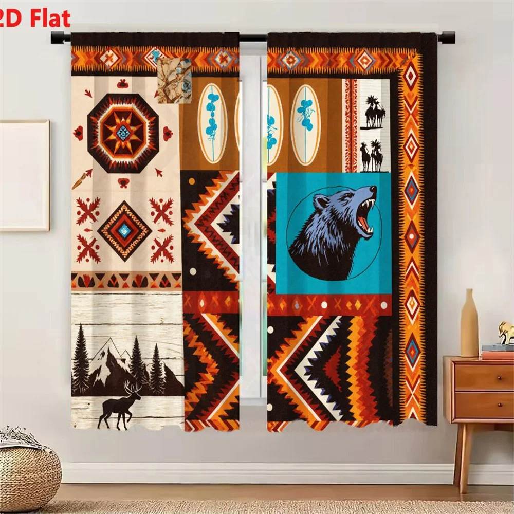 2Pcs Curtains 2D Flat Native American Wilderness Collage Quilt Fabric Pattern With Geometric Shapes Mountain Deer Bear Moose Nat