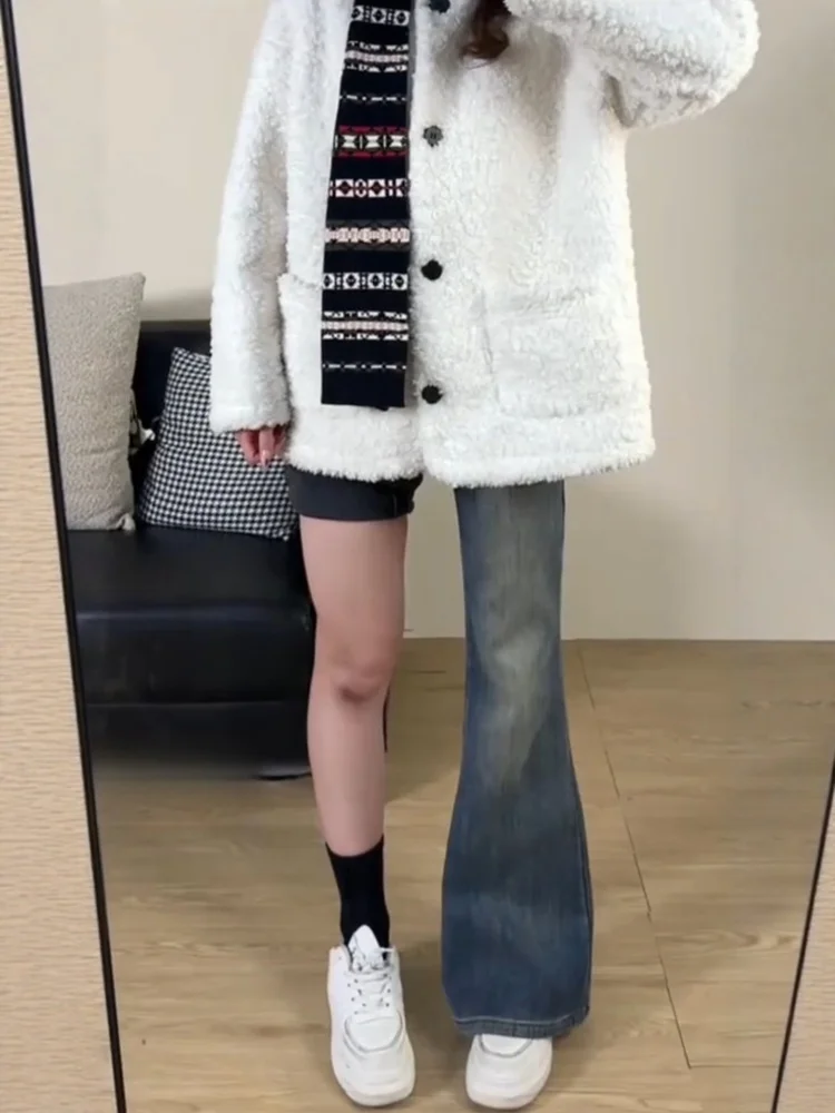 Jeans da donna retrò americani blu foderati in Fce invernali taglie forti pantaloni svasati dimagranti chiusura con cerniera a vita alta