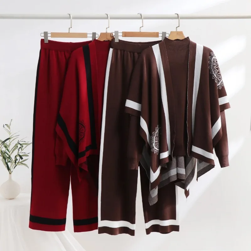 New Winter Warm Vintage Women\'s Tracksuit Knitted Fashion Jacquard Shawl Cape + Pullover Sweater + Wide Leg Pants 3 Piece Sets