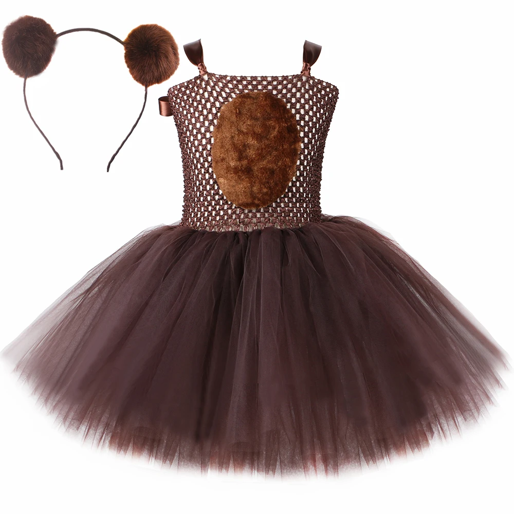 Brown Bear Tutu Dress for Baby Girls Halloween Birthday Jungle Party Animal Costume Toddler Kids Fancy Dress Up Clothes 1-12Y