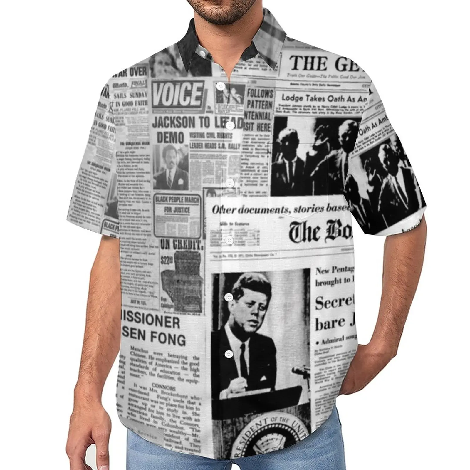 Velho jornal americano camisa casual, camisa de praia solta, blusas de streetwear havaianas, manga curta personalizada Tops grandes