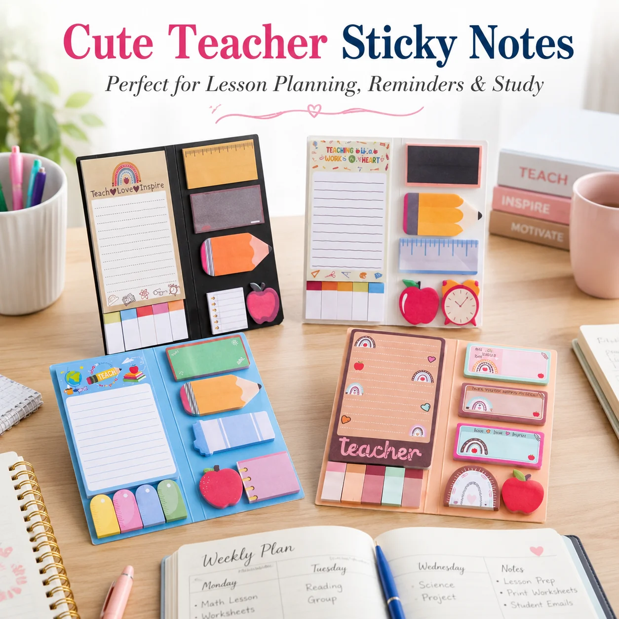 English Teacher Gift Sticky Notes, Cartoon Colorful Shape Note Pad, Repositionable Self-Stick for Students