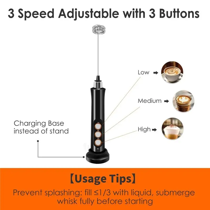 J1UL1N Electric Milk Frother Rechargeable Handheld With 3 Detachable Stainless Steel Whisks, 3 Speed Adjustable Foam Maker