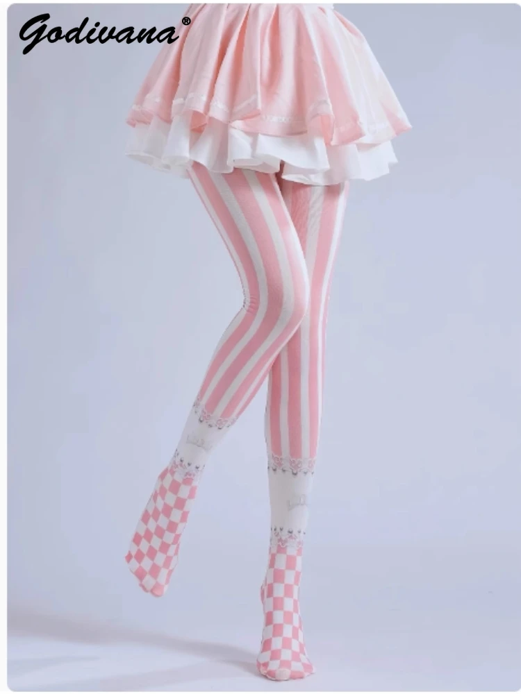 Original Lolita Pink Striped Print Velvet Pantyhose Women's Catwalk Cosplay Magic Girl Anime Socks Sweet Stockings