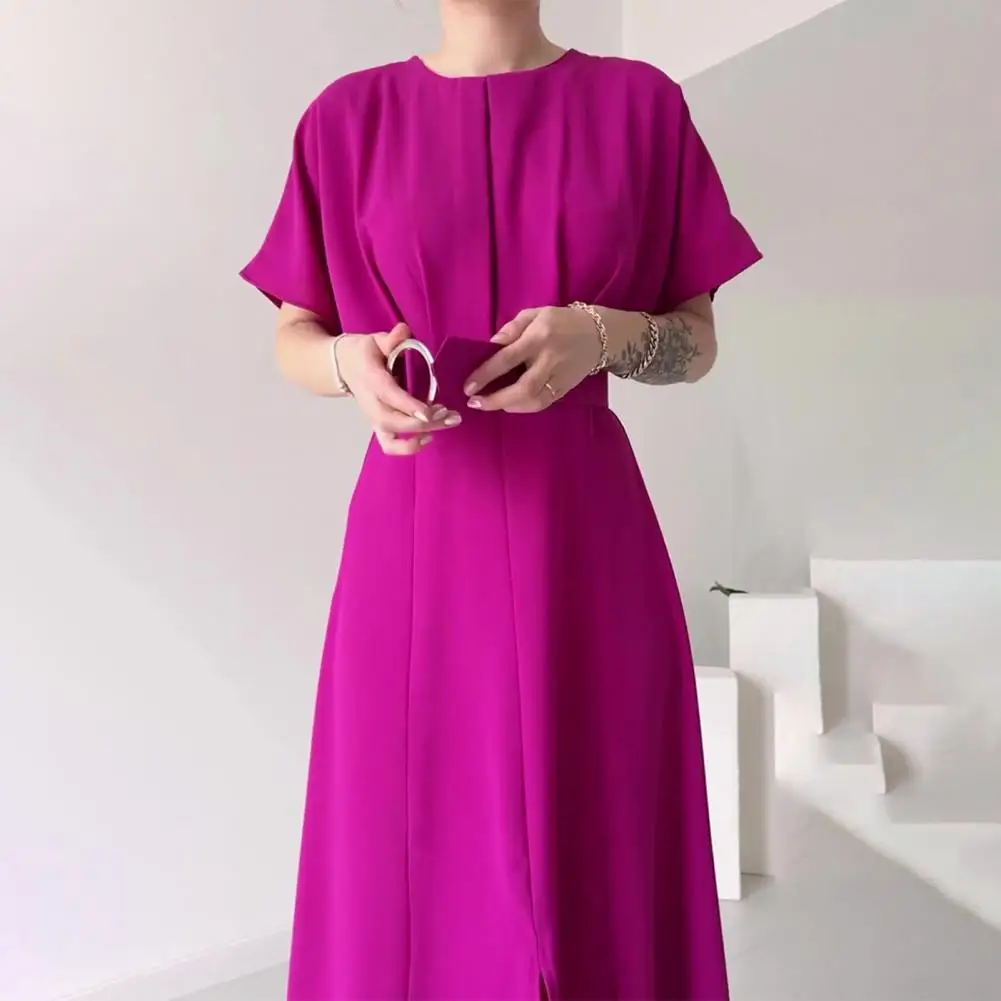 

Women Commute Dress Elegant Women's A-line Midi Dress Chic Ol Commute Style Slim Waist Short Sleeves Solid Color for Shopping