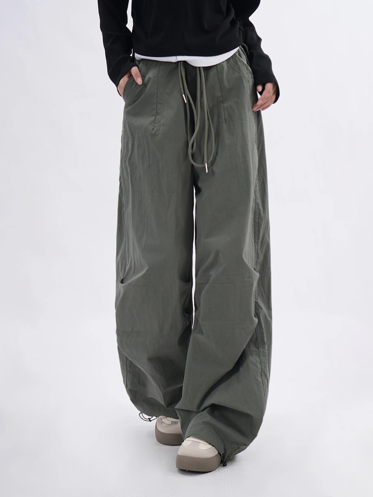 American Street Style Retro Paratrooper Pants Drawstring Pleated Cuffed Casual Functional Military Green Newspaper Workwear T...