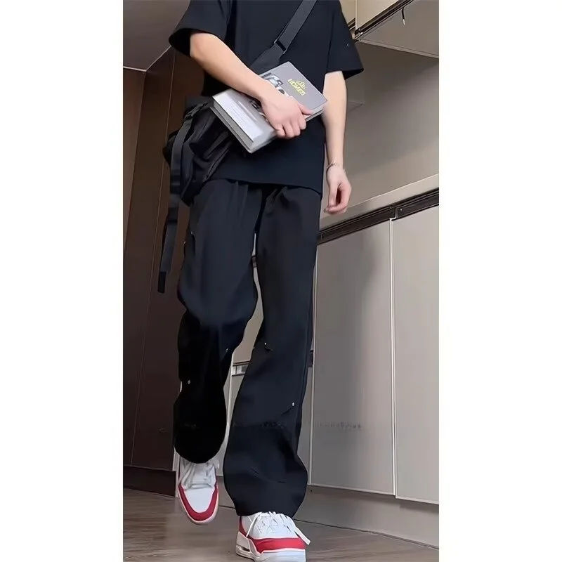 

Мужские летние повседневные брюки прямого кроя, свободные, модные, из полиэстера, со средней посадкой, длинные, в стиле High Street