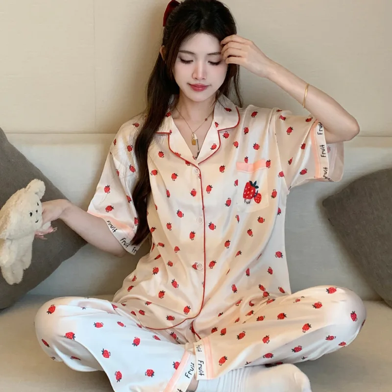 

Women's New Summer Lightweight Ice Silk Nightgown Short-Sleeve Long Pants Instagram-Style Cardigan with Lapel Collar Loungewear