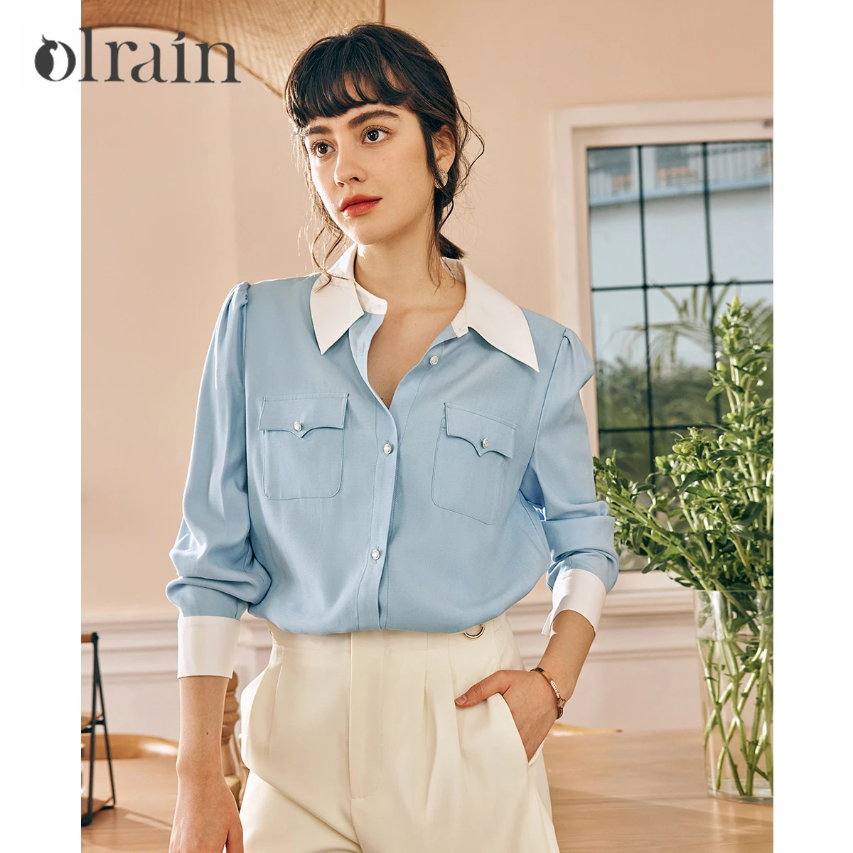 

OLrain Elegant Blue Shirts for Woman 2025 Autumn Long Sleeve Tops Button Up Contrast Shirts & Blouses Ladies Clothes O23CC69328
