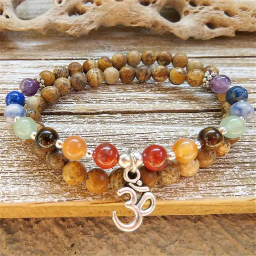 

6mm Picture Jasper 7 Chakras Gemstone Mala Bracelet Pendant Tibetan Natural stone Buddha Women Bodhi Yoga tassel elastic