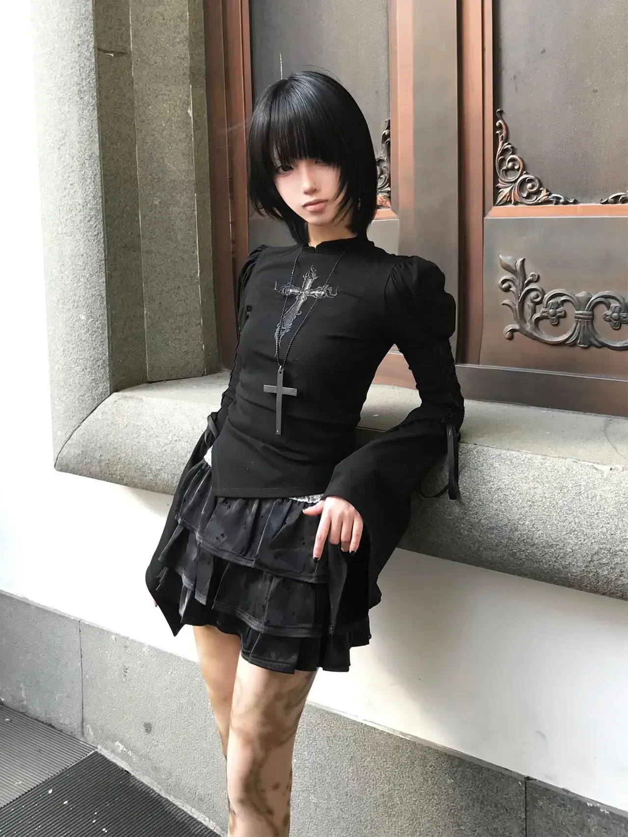IMU Subculture Y2k Gothic Girls Long Flare Sleeve Tshirt Spring Cross Lace Patch Black All Match Slim Tee Tops Shirt