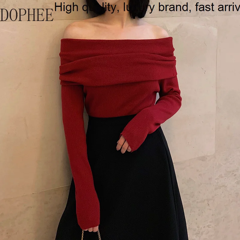 New Spring 2023 Fashion Retro Sexy Slash Neck Red Knitting Top Slim Full Sleeve Exposed Clavicle Pullover Black Basic Sweaters