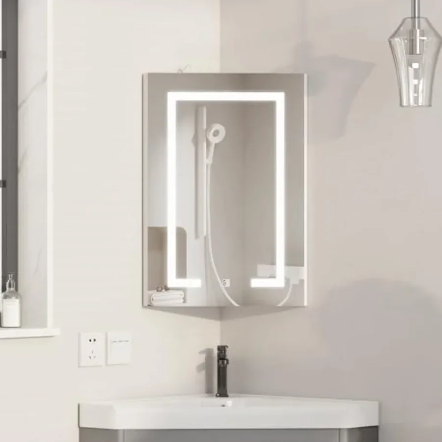 Corner medicine cabinet with light, lighted medicine cabinet with mirror, aluminum frame, white, soft LED illumination and anti