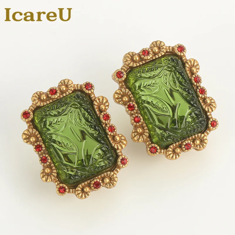 

Vintage Jewellery Square Relief Palace Green Glass Earrings For Woman Elegant Retro Wedding Party Gold Color Accessories 2025