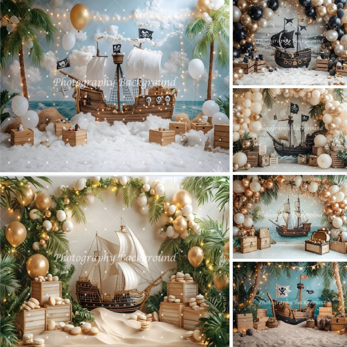 Pirate Sailboat Photography Backdrop Black Gold Balloons Wooden Box Skull Baby Shower Kids Boy Birthday Party Decor Background
