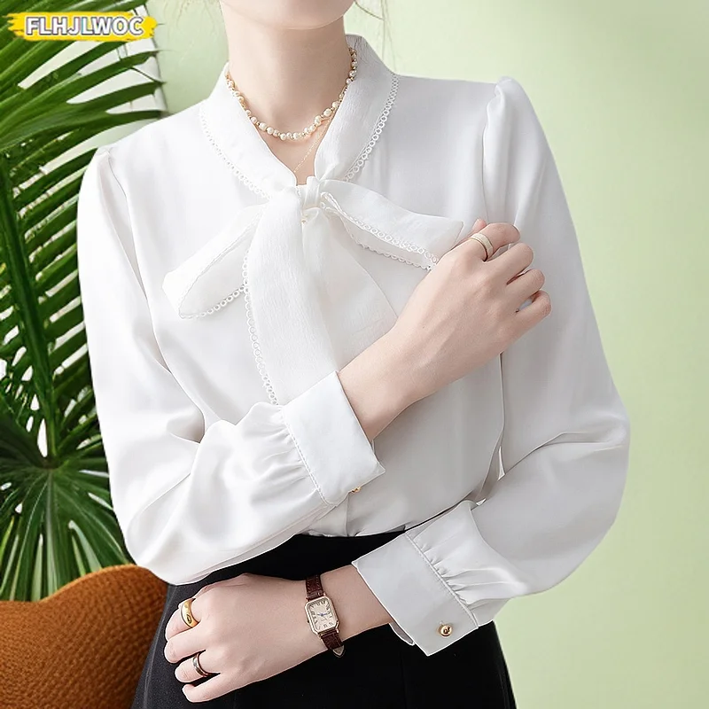 

Bow Tie Tops Women Korean Style Design Clothes Long Sleeve Elegant Office Lady Cute Ribbon Sweet Basic White Shirts Blouses
